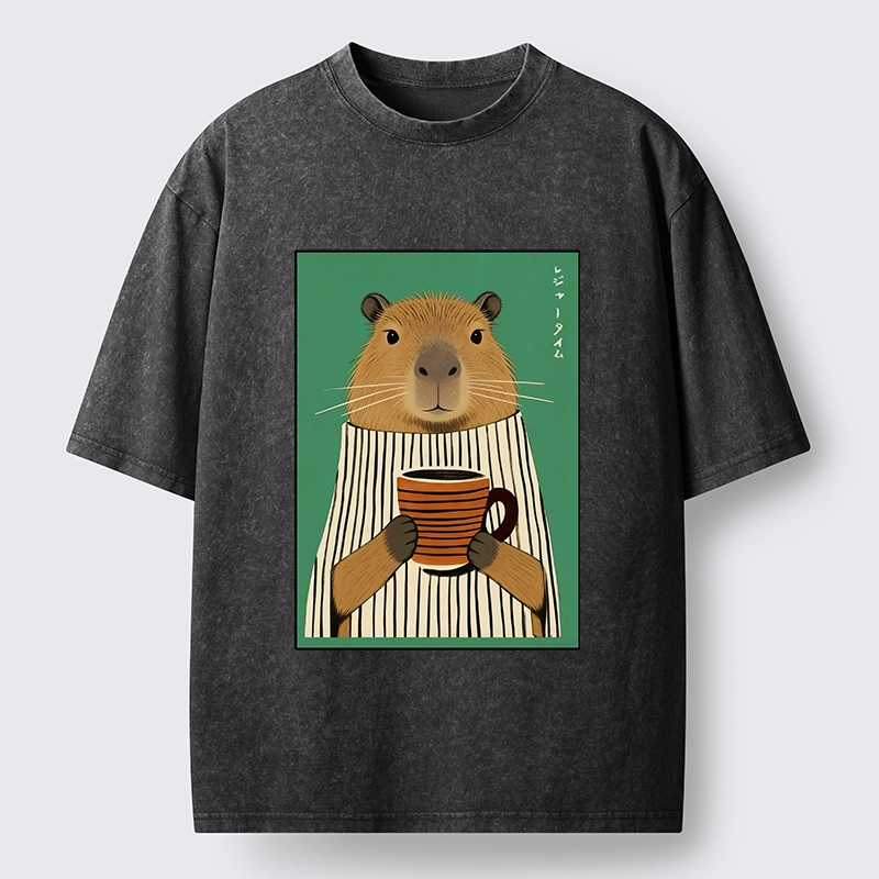 Tokyo-Lion Capybara Coffee Time Washed T-Shirt-Tokyo-Lion