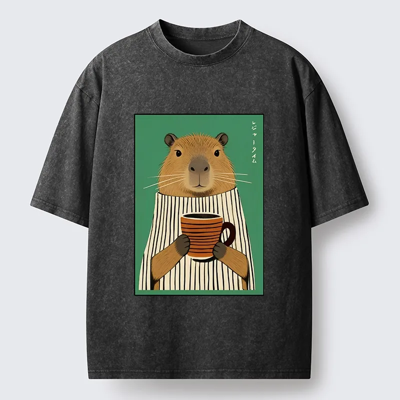 Tokyo-Lion Capybara Coffee Time Washed T-Shirt-Tokyo-Lion