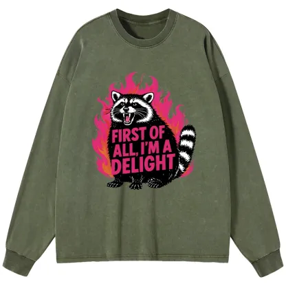 Tokyo-Lion Angry Raccoon Funny Washed Long Sleeve T-Shirt