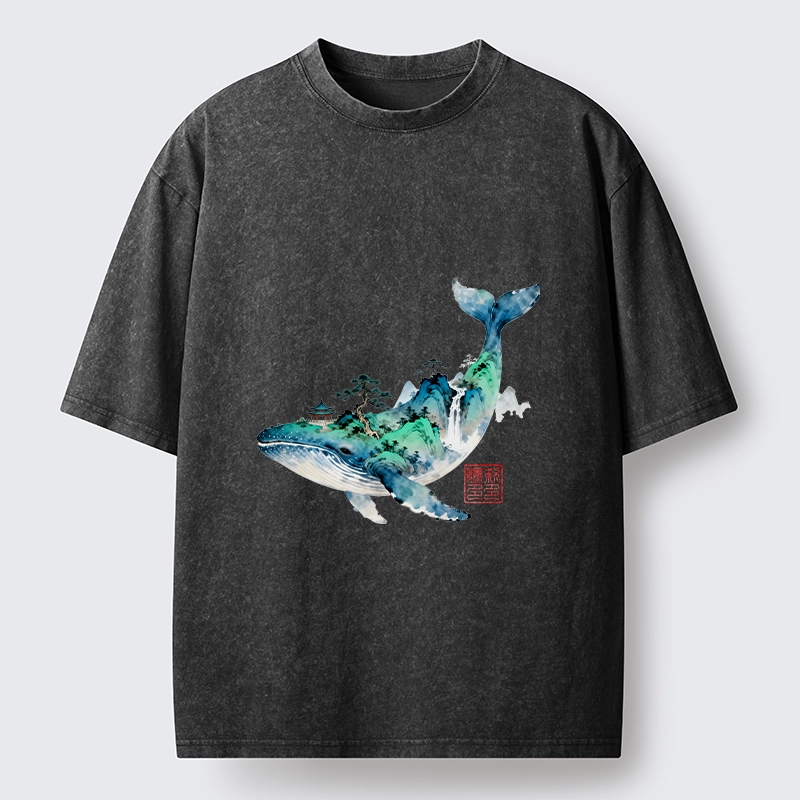 Tokyo-Lion Whale Ink Painting Landscape Washed T-Shirt