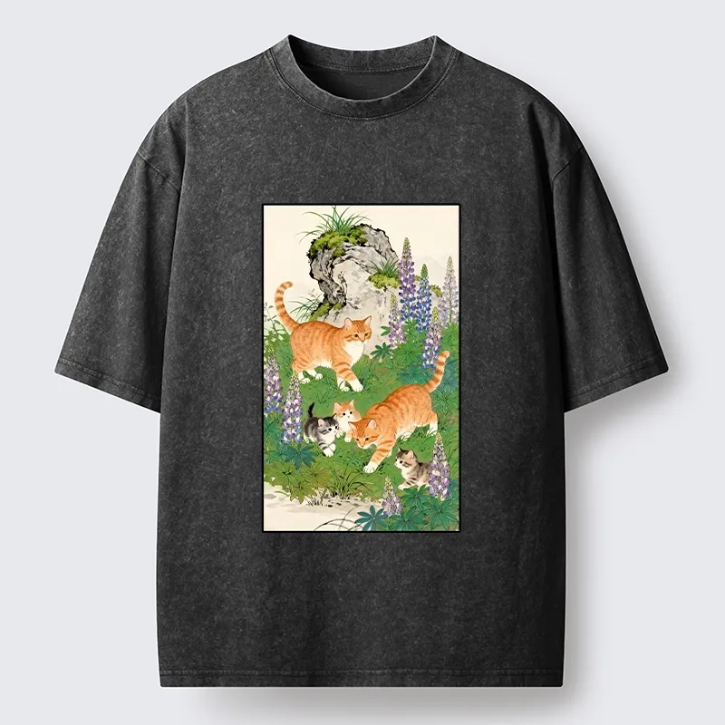 Tokyo-Lion Tabby Cats In Garden Meme Washed T-Shirt