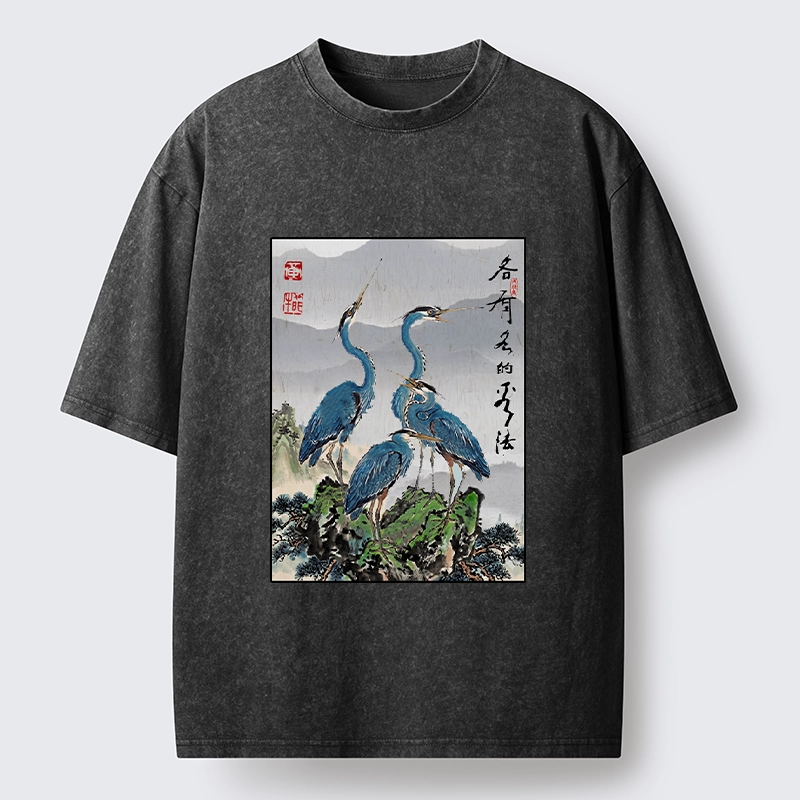 Tokyo-Lion Cranes On Rock Zen Nature Washed T-Shirt