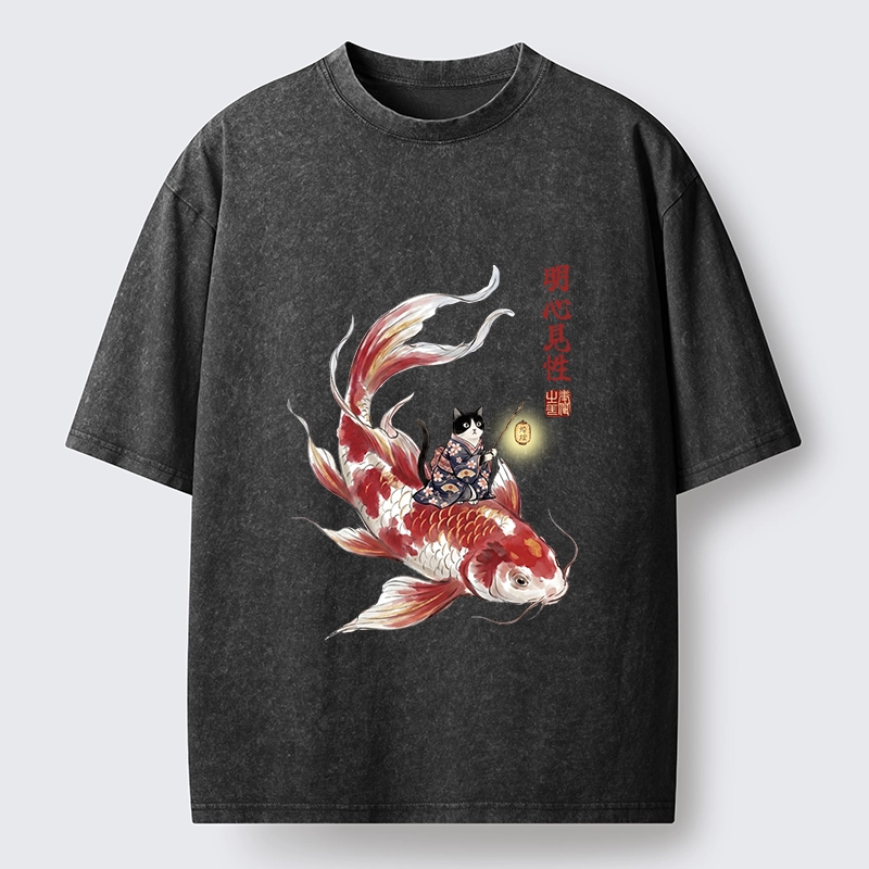 Tokyo-Lion Cute Kimono Cat On Koi Fish Washed T-Shirt