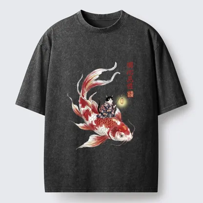 Tokyo-Lion Cute Kimono Cat On Koi Fish Washed T-Shirt