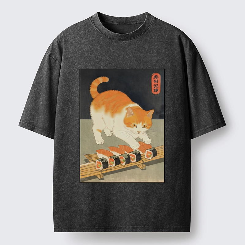 Tokyo-Lion Cat Trying To Steal Sushi Washed T-Shirt