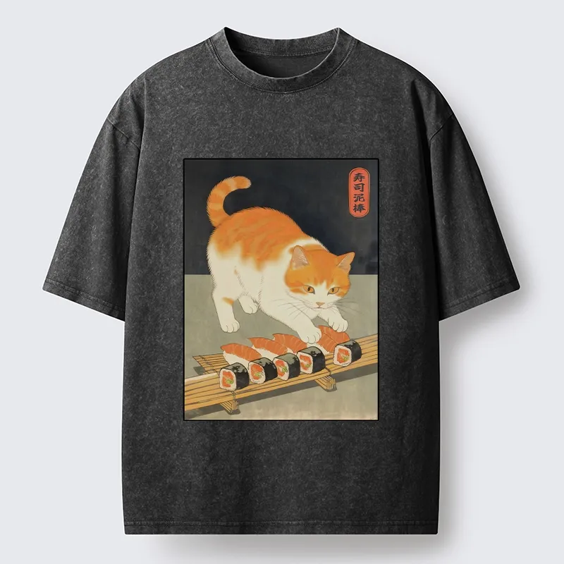 Tokyo-Lion Cat Trying To Steal Sushi Washed T-Shirt