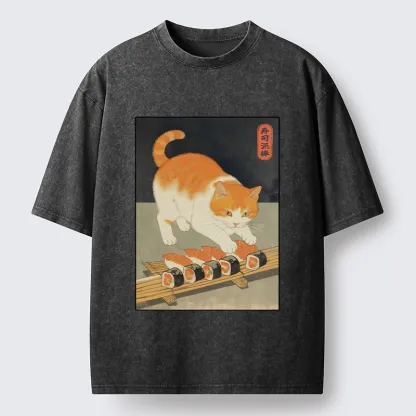 Tokyo-Lion Cat Trying To Steal Sushi Washed T-Shirt