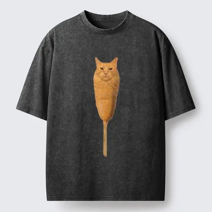 Tokyo-Lion Orange Cat Corn Dog Meme Washed T-Shirt