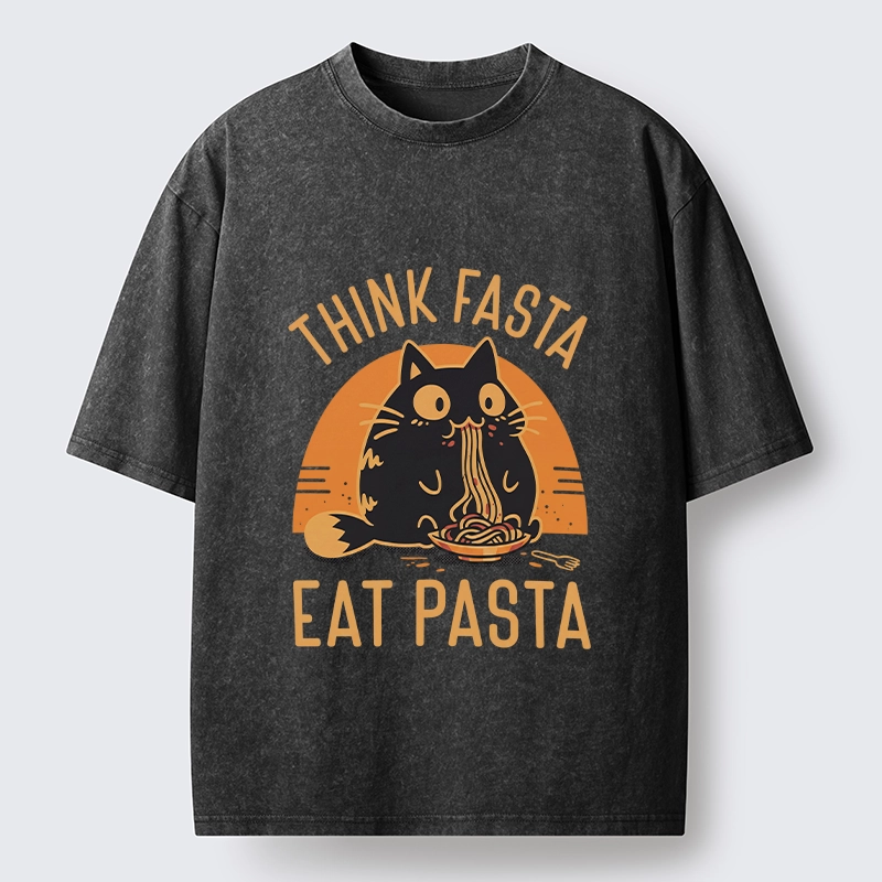 Tokyo-Lion Cute Black Cat Eating Pasta Washed T-Shirt