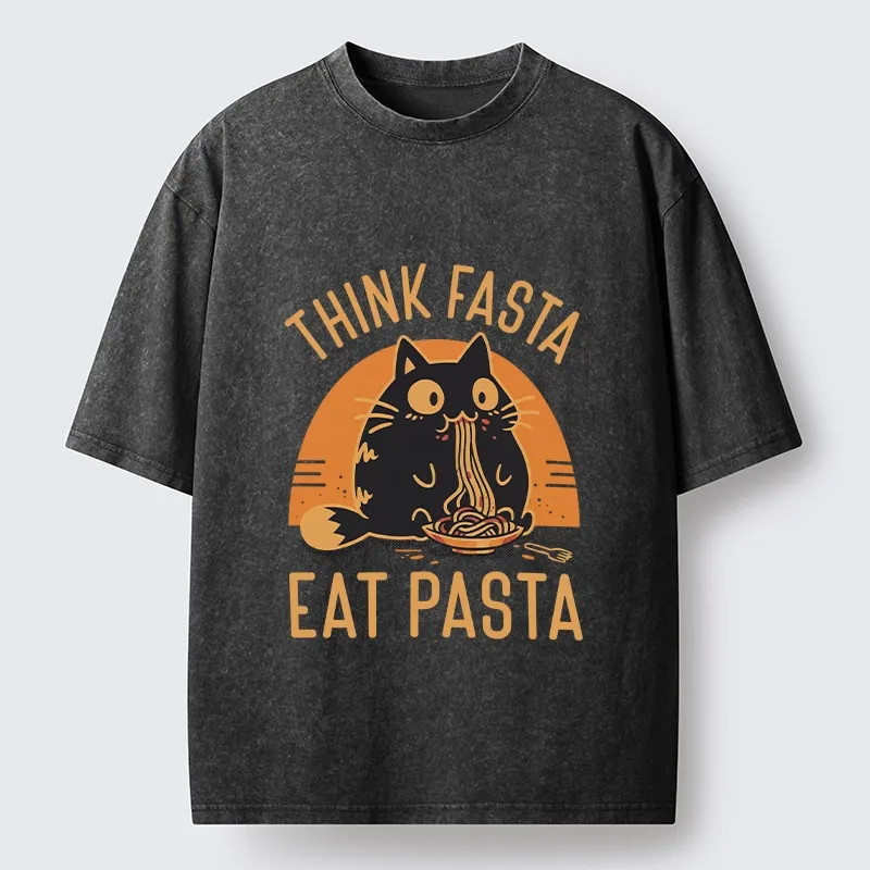 Tokyo-Lion Cute Black Cat Eating Pasta Washed T-Shirt