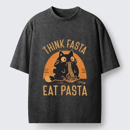 Tokyo-Lion Cute Black Cat Eating Pasta Washed T-Shirt