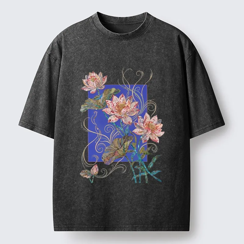 Tokyo-Lion Lotus Art Floral Vibe Washed T-Shirt