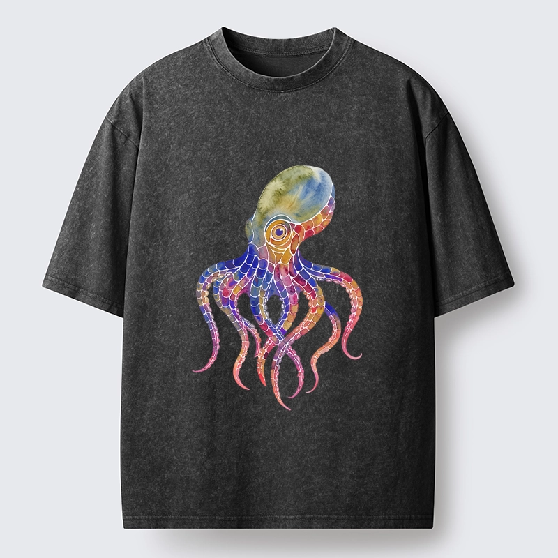 Tokyo-Lion Watercolor Octopus Art Washed T-Shirt