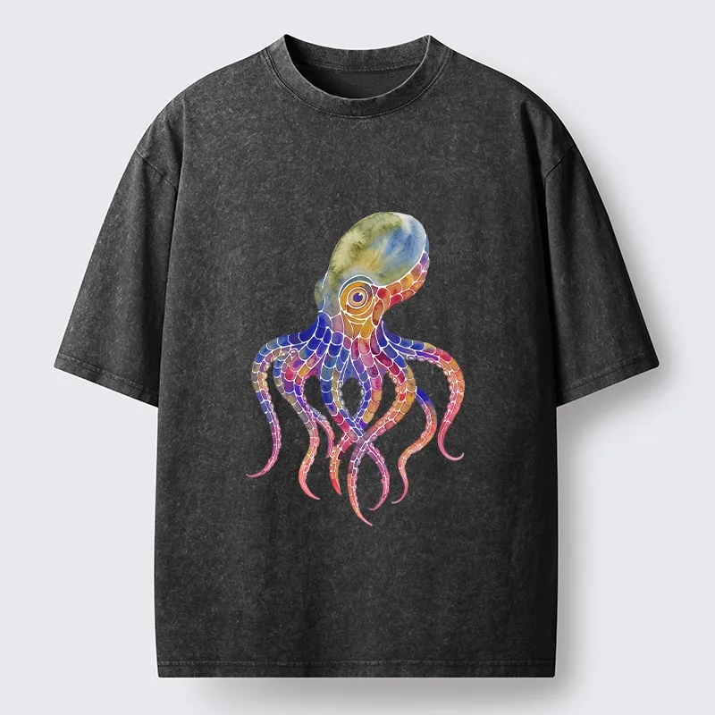Tokyo-Lion Watercolor Octopus Art Washed T-Shirt