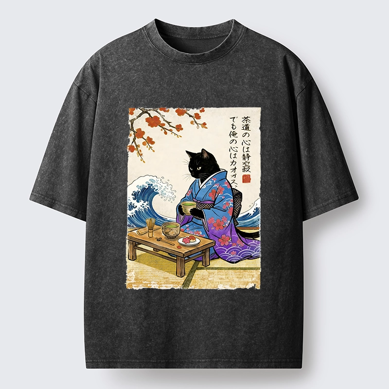 Tokyo-Lion Black Cat Tea Ceremony Japan Washed T-Shirt