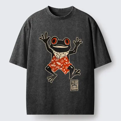 Tokyo-Lion Japanese Happy Frog Ukiyoe Washed T-Shirt