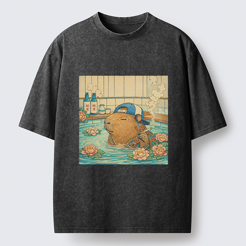 Tokyo-Lion Capybara Enjoy Onsen Washed T-Shirt