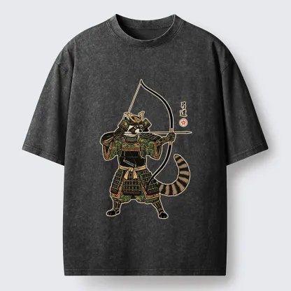 Tokyo-Lion Kyudo Raccoon Samurai Washed T-Shirt
