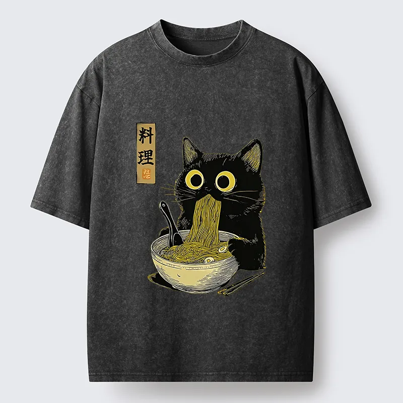 Tokyo-Lion Japanese Black Cat Ramen Noodle Washed T-Shirt