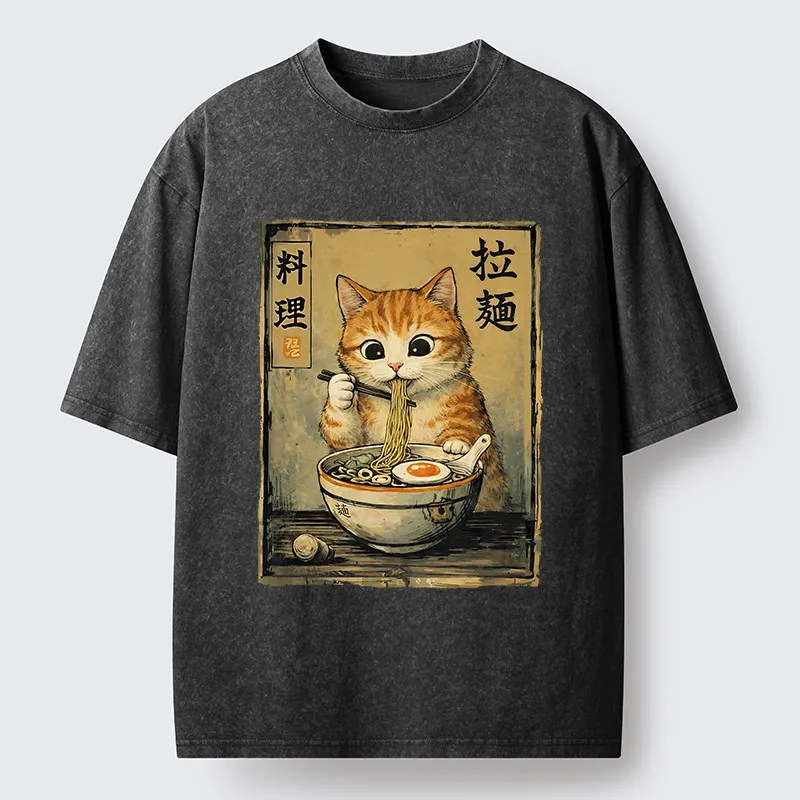 Tokyo-Lion Retro Ginger Cat Ramen Washed T-Shirt