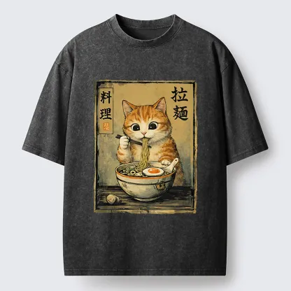 Tokyo-Lion Retro Ginger Cat Ramen Washed T-Shirt
