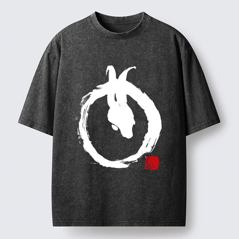 Tokyo-Lion Ink Painting Zen Enso Rabbit Washed T-Shirt