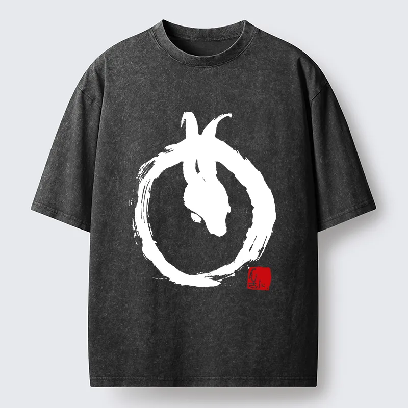 Tokyo-Lion Ink Painting Zen Enso Rabbit Washed T-Shirt
