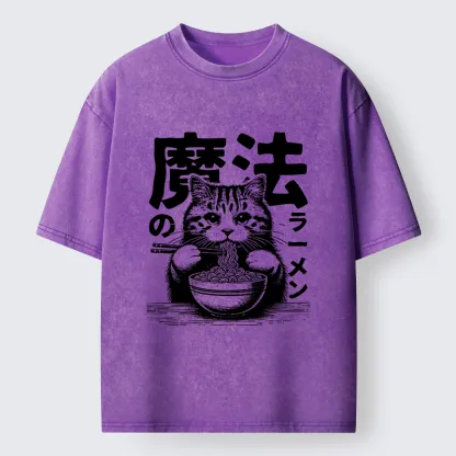 Tokyo-Lion Cat Eating Magic Ramen Washed T-Shirt