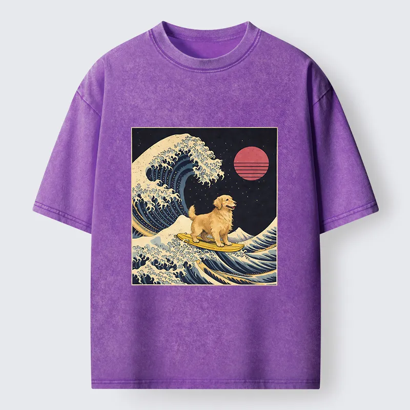 Tokyo-Lion The Great Wave Dog Funny Washed T-Shirt
