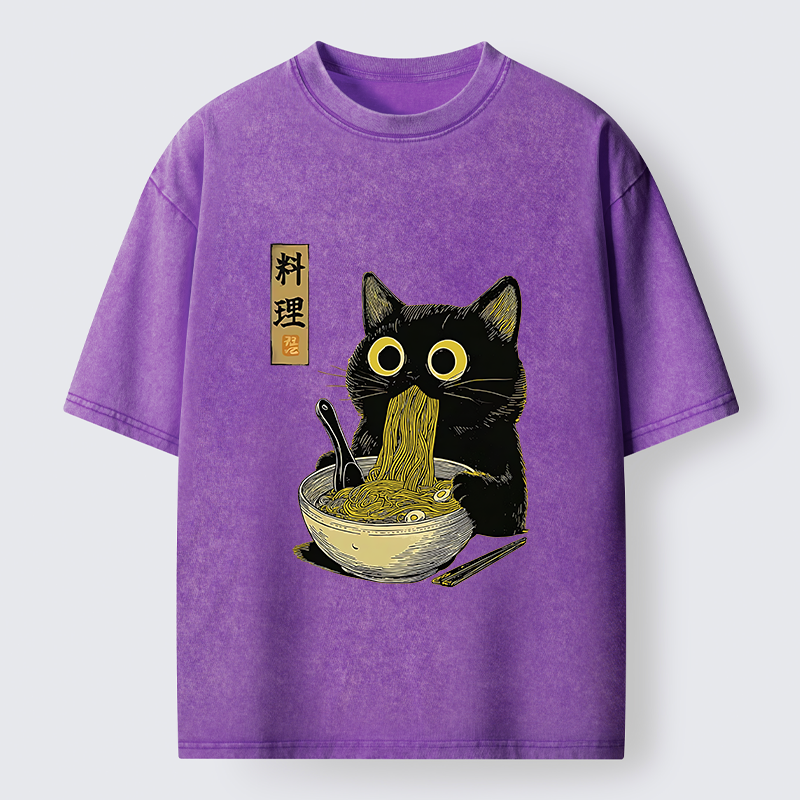 Tokyo-Lion Japanese Black Cat Ramen Noodle Washed T-Shirt