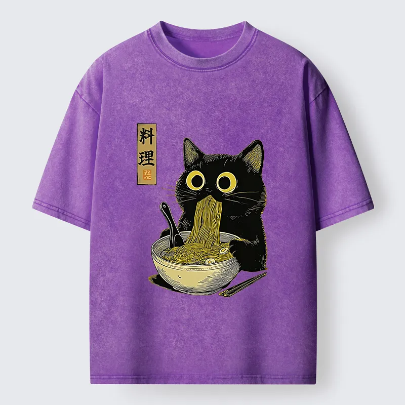 Tokyo-Lion Japanese Black Cat Ramen Noodle Washed T-Shirt