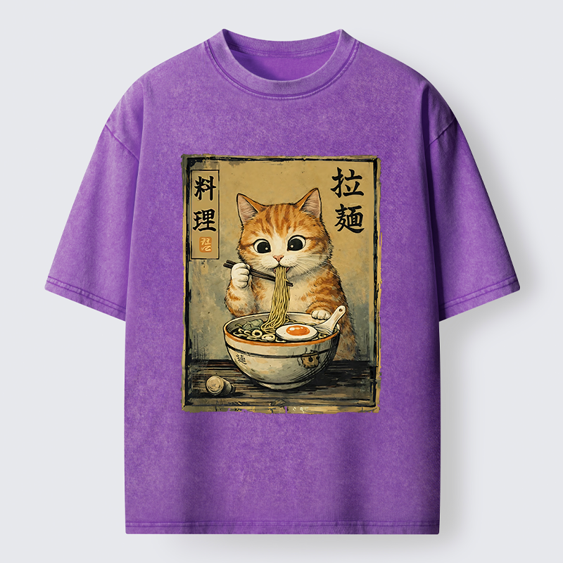 Tokyo-Lion Retro Ginger Cat Ramen Washed T-Shirt
