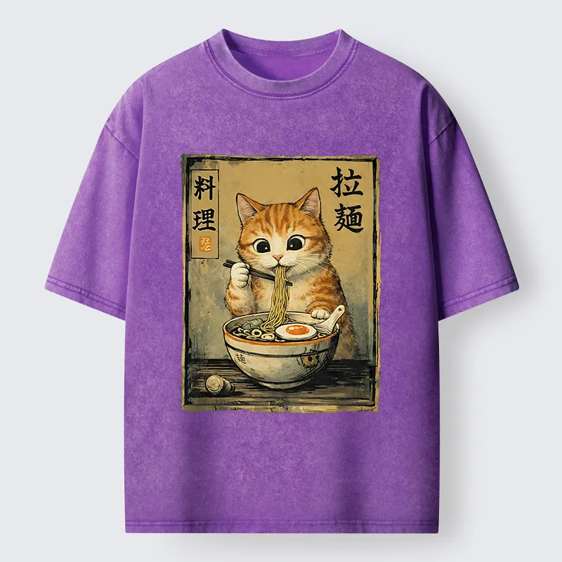 Tokyo-Lion Retro Ginger Cat Ramen Washed T-Shirt