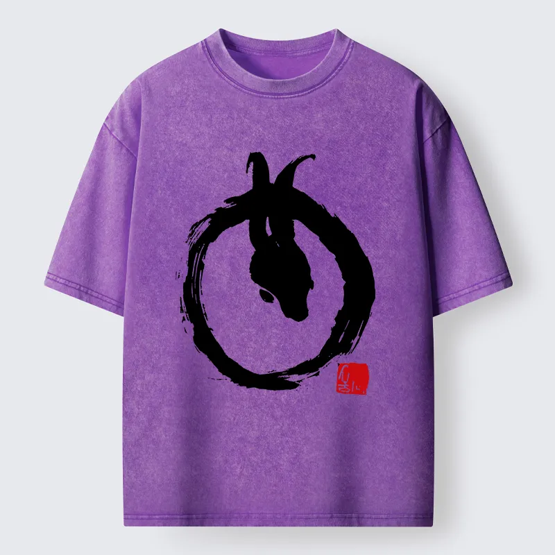 Tokyo-Lion Ink Painting Zen Enso Rabbit Washed T-Shirt