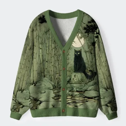 Tokyo-Lion Cat Under The Moon Ugly Cardigan Sweater