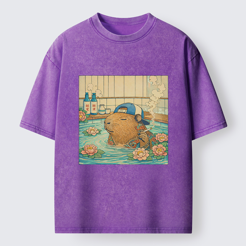 Tokyo-Lion Capybara Enjoy Onsen Washed T-Shirt