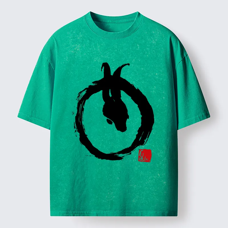 Tokyo-Lion Ink Painting Zen Enso Rabbit Washed T-Shirt