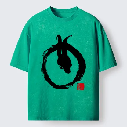 Tokyo-Lion Ink Painting Zen Enso Rabbit Washed T-Shirt