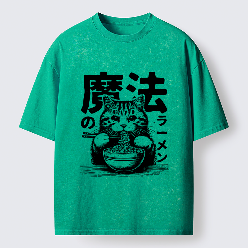 Tokyo-Lion Cat Eating Magic Ramen Washed T-Shirt