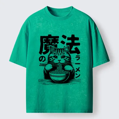 Tokyo-Lion Cat Eating Magic Ramen Washed T-Shirt