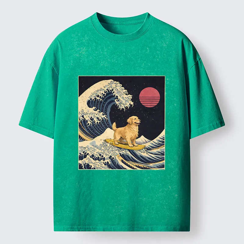 Tokyo-Lion The Great Wave Dog Funny Washed T-Shirt