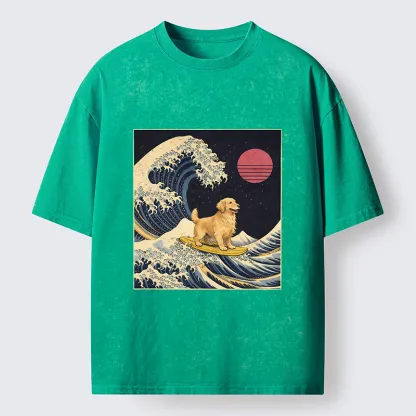 Tokyo-Lion The Great Wave Dog Funny Washed T-Shirt