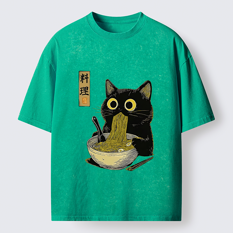 Tokyo-Lion Japanese Black Cat Ramen Noodle Washed T-Shirt