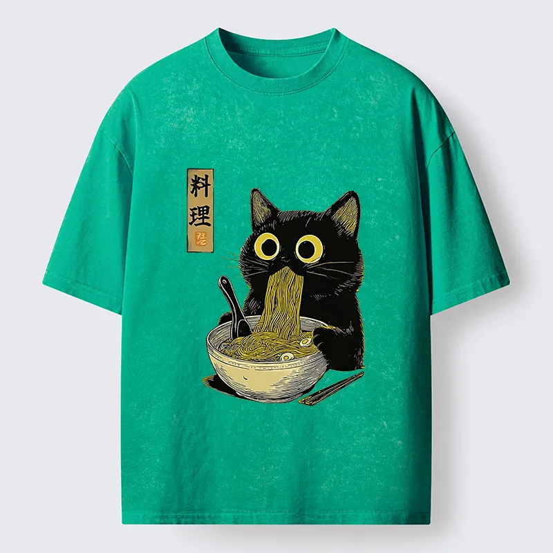 Tokyo-Lion Japanese Black Cat Ramen Noodle Washed T-Shirt
