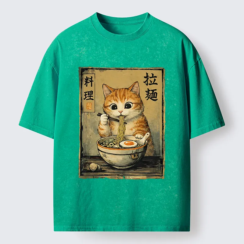 Tokyo-Lion Retro Ginger Cat Ramen Washed T-Shirt