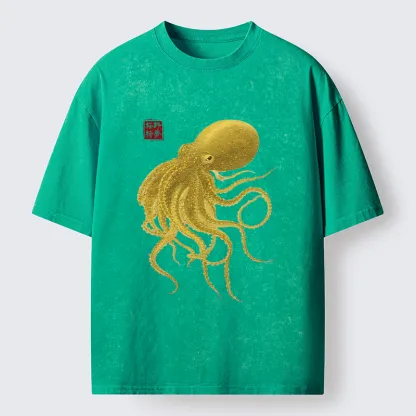 Tokyo-Lion Woodblock Golden Octopus Washed T-Shirt