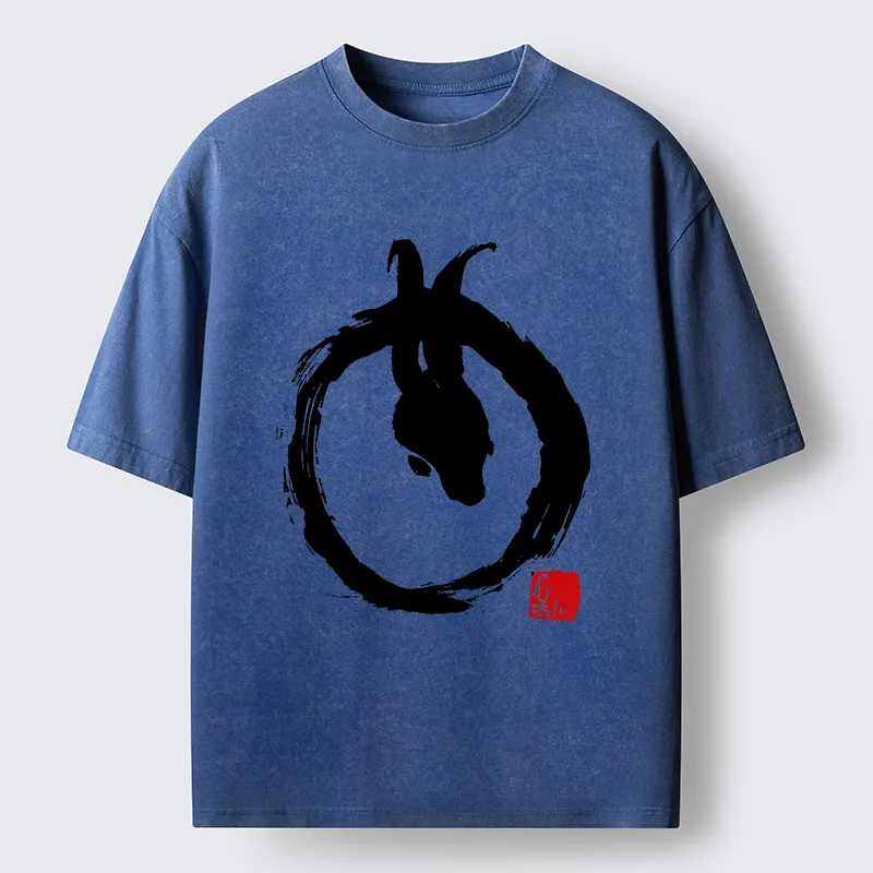 Tokyo-Lion Ink Painting Zen Enso Rabbit Washed T-Shirt