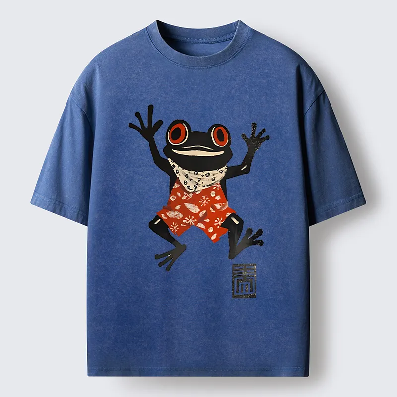 Tokyo-Lion Japanese Happy Frog Ukiyoe Washed T-Shirt