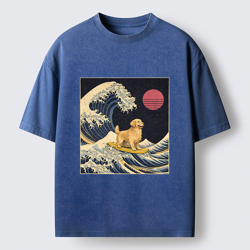 Tokyo-Lion The Great Wave Dog Funny Washed T-Shirt