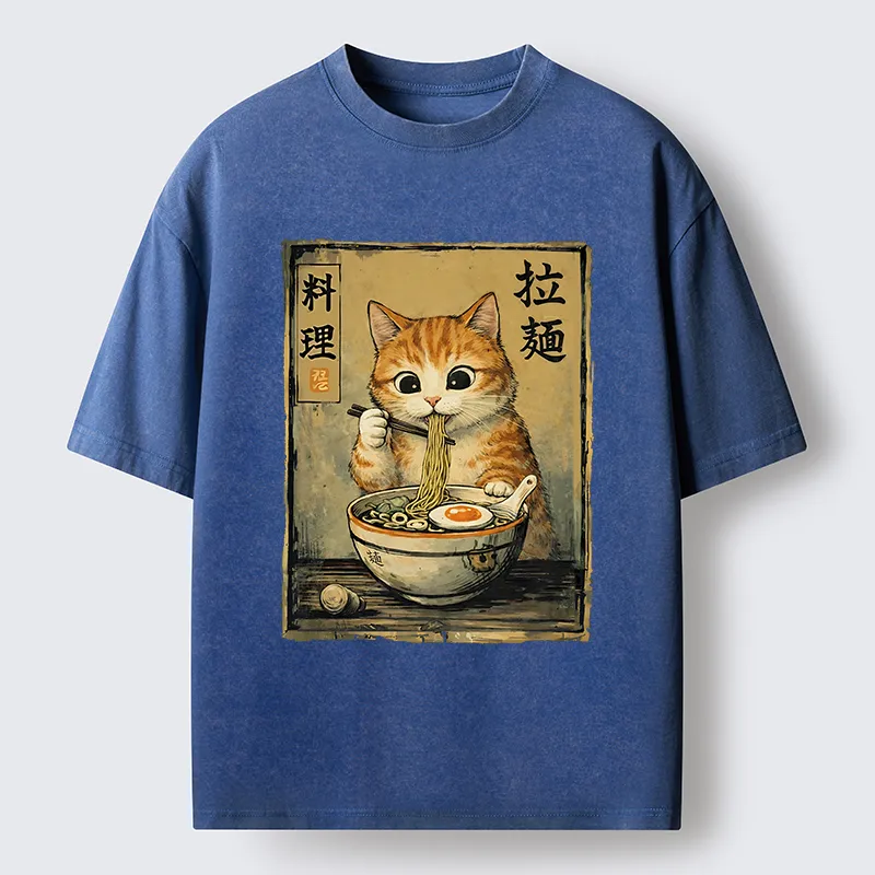 Tokyo-Lion Retro Ginger Cat Ramen Washed T-Shirt